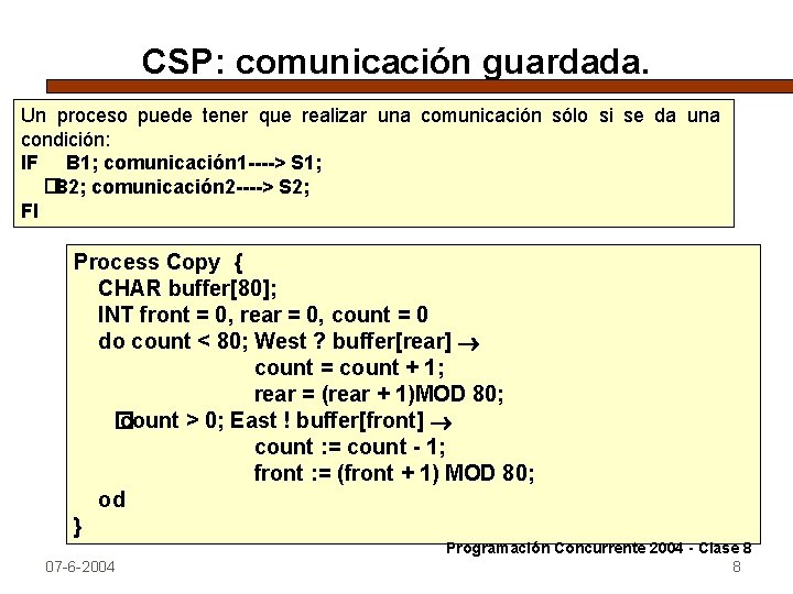 CSP: comunicación guardada. Un proceso puede tener que realizar una comunicación sólo si se