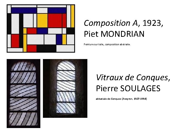 Composition A, 1923, Piet MONDRIAN Peinture sur toile, composition abstraite. Vitraux de Conques, Pierre