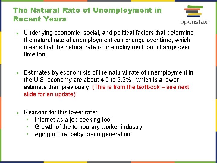 The Natural Rate of Unemployment in Recent Years ● Underlying economic, social, and political The Natural Rate of Unemployment in Recent Years ● Underlying economic, social, and political