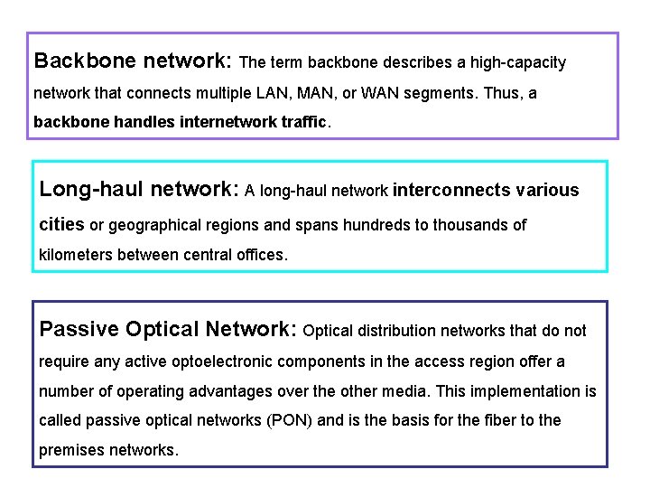 Backbone network: The term backbone describes a high-capacity network that connects multiple LAN, MAN,