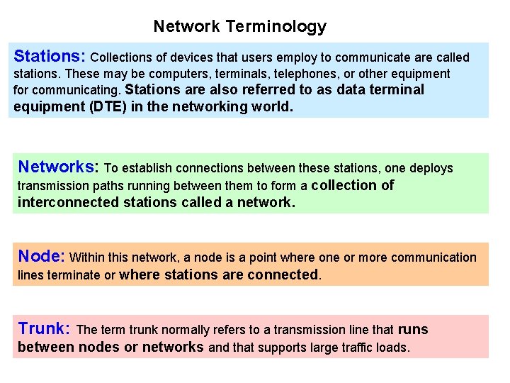 Network Terminology Stations: Collections of devices that users employ to communicate are called stations.