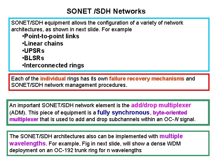 SONET /SDH Networks SONET/SDH equipment allows the configuration of a variety of network architectures,