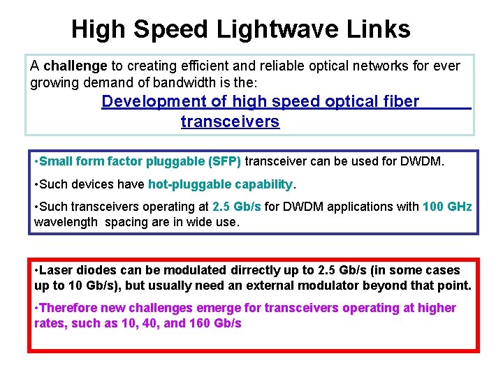 High Speed Lightwave Links A challenge to creating efficient and reliable optical networks for