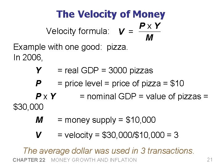 The Velocity of Money Px. Y Velocity formula: V = M Example with one