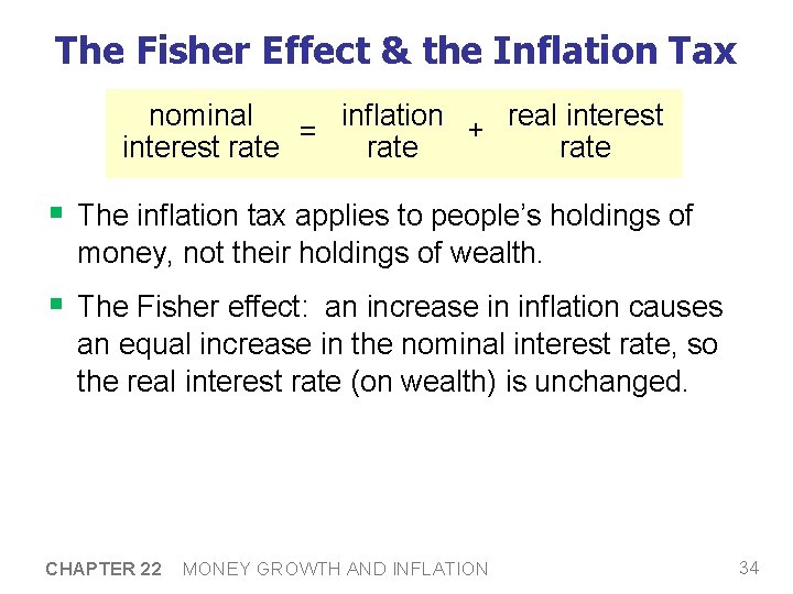 The Fisher Effect & the Inflation Tax nominal real interest inflation + = interest