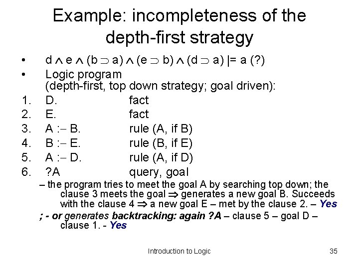 Example: incompleteness of the depth-first strategy • • 1. 2. 3. 4. 5. 6.
