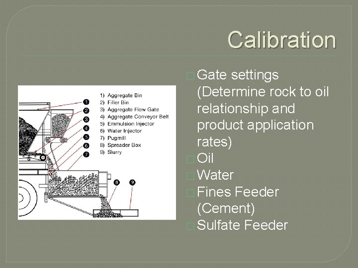 Calibration � Gate settings (Determine rock to oil relationship and product application rates) �