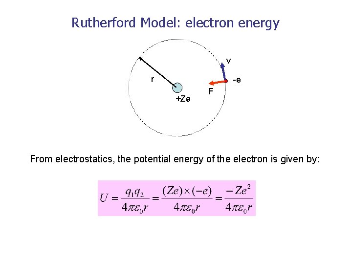 Rutherford Model: electron energy v r -e +Ze F From electrostatics, the potential energy