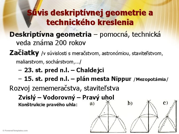 Súvis deskriptívnej geometrie a technického kreslenia Deskriptívna geometria – pomocná, technická veda známa 200