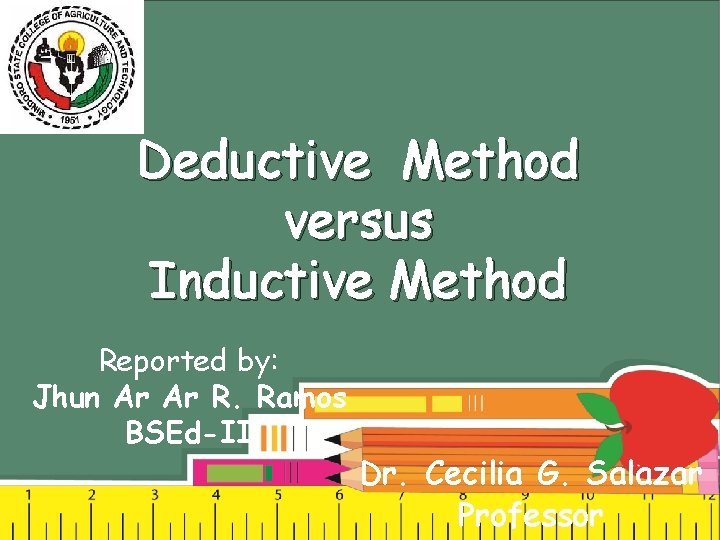 Deductive Method versus Inductive Method Reported by: Jhun Ar Ar R. Ramos BSEd-II Dr.