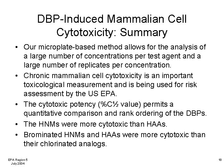 DBP-Induced Mammalian Cell Cytotoxicity: Summary • Our microplate-based method allows for the analysis of