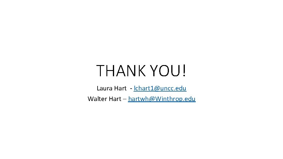 THANK YOU! Laura Hart - lchart 1@uncc. edu Walter Hart – hartwh@Winthrop. edu 