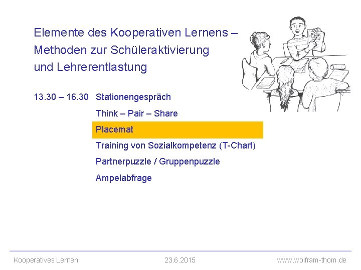 Elemente des Kooperativen Lernens – Methoden zur Schüleraktivierung und Lehrerentlastung 13. 30 – 16.