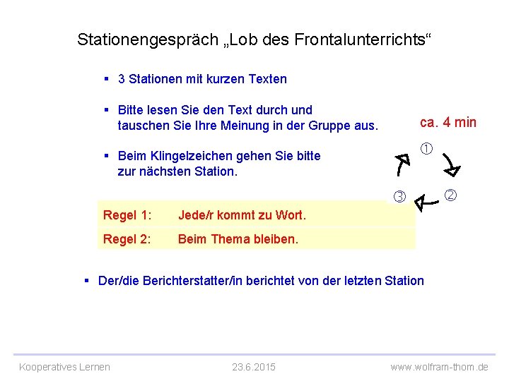 Stationengespräch „Lob des Frontalunterrichts“ § 3 Stationen mit kurzen Texten § Bitte lesen Sie