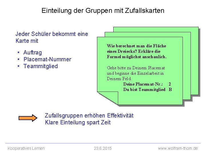 Einteilung der Gruppen mit Zufallskarten Jeder Schüler bekommt eine Karte mit • Auftrag •