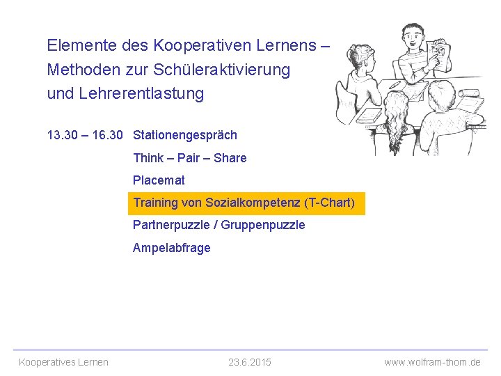 Elemente des Kooperativen Lernens – Methoden zur Schüleraktivierung und Lehrerentlastung 13. 30 – 16.