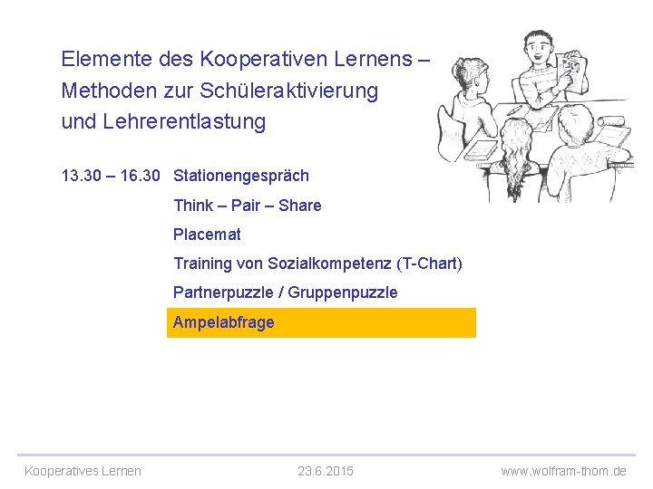 Elemente des Kooperativen Lernens – Methoden zur Schüleraktivierung und Lehrerentlastung 13. 30 – 16.