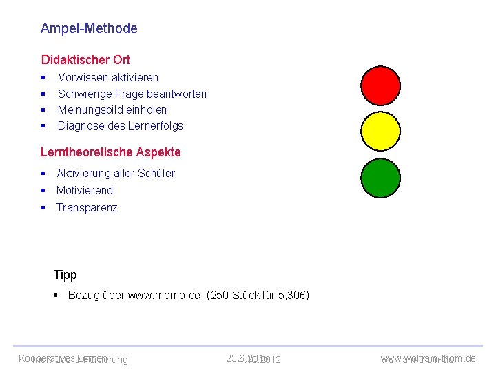 Ampel-Methode Didaktischer Ort § Vorwissen aktivieren § Schwierige Frage beantworten § Meinungsbild einholen §