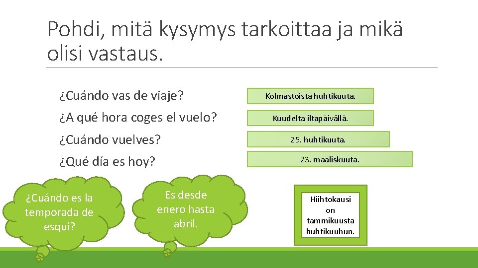 Pohdi, mitä kysymys tarkoittaa ja mikä olisi vastaus. ¿Cuándo vas de viaje? Kolmastoista El