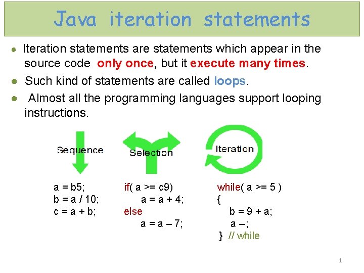 Java iteration statements ● Iteration statements are statements which appear in the source code
