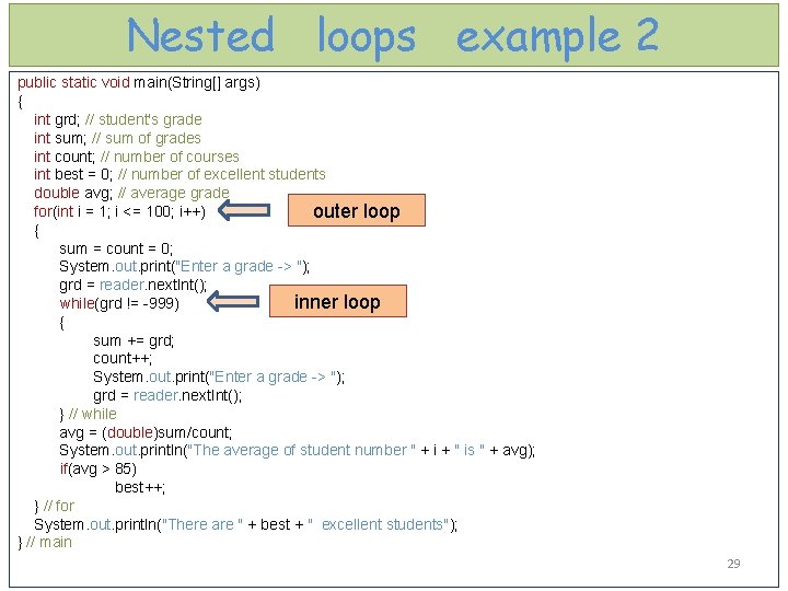 Nested loops example 2 public static void main(String[] args) { int grd; // student's