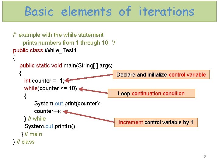 Basic elements of iterations /* example with the while statement prints numbers from 1