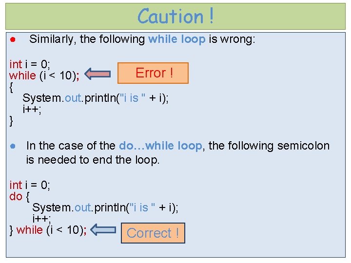 Caution ! ● Similarly, the following while loop is wrong: int i = 0;