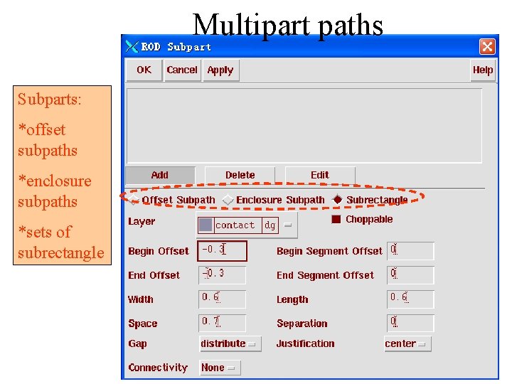 Multipart paths Subparts: *offset subpaths *enclosure subpaths *sets of subrectangle 