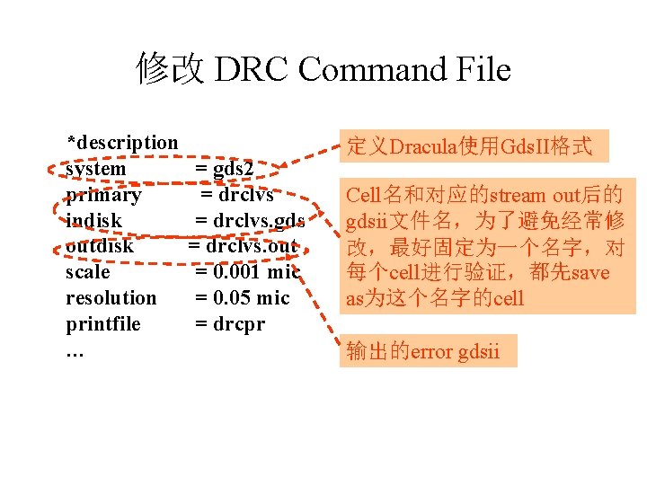 修改 DRC Command File *description system primary indisk outdisk scale resolution printfile … =