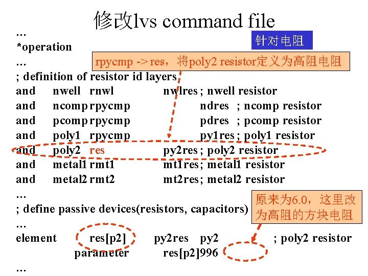 修改lvs command file … 针对电阻 *operation … rpycmp -> res，将poly 2 resistor定义为高阻电阻 ; definition