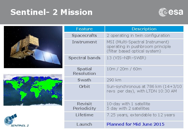 Sentinel- 2 Mission Feature Description Spacecrafts 2 operating in twin configuration Instrument MSI (Multi-Spectral
