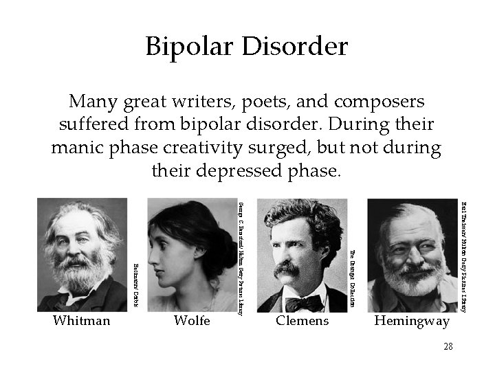 Bipolar Disorder Many great writers, poets, and composers suffered from bipolar disorder. During their