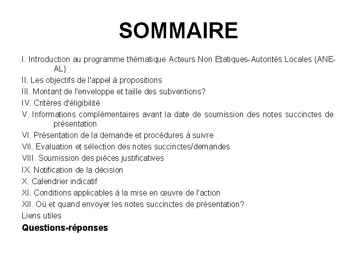 SOMMAIRE I. Introduction au programme thématique Acteurs Non Etatiques-Autorités Locales (ANEAL) II. Les objectifs