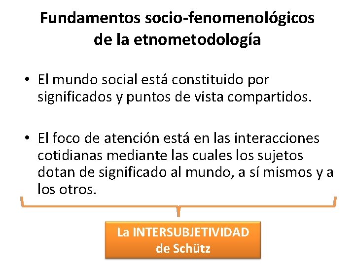 Fundamentos socio-fenomenológicos de la etnometodología • El mundo social está constituido por significados y