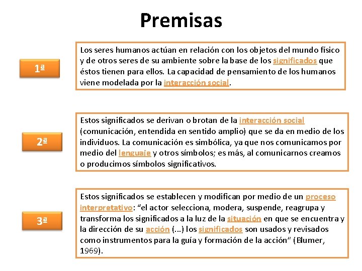 Premisas 1ª Los seres humanos actúan en relación con los objetos del mundo físico