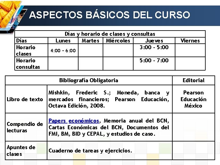 ASPECTOS BÁSICOS DEL CURSO Días Horario clases Horario consultas Días y horario de clases