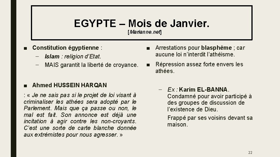  EGYPTE – Mois de Janvier. [Marianne. net] ■ Constitution égyptienne : – Islam