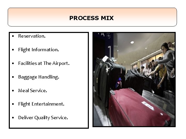 PROCESS MIX • Reservation. • Flight Information. • Facilities at The Airport. • Baggage