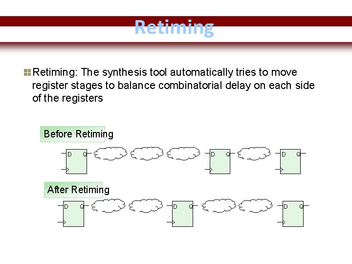 Retiming: The synthesis tool automatically tries to move register stages to balance combinatorial delay