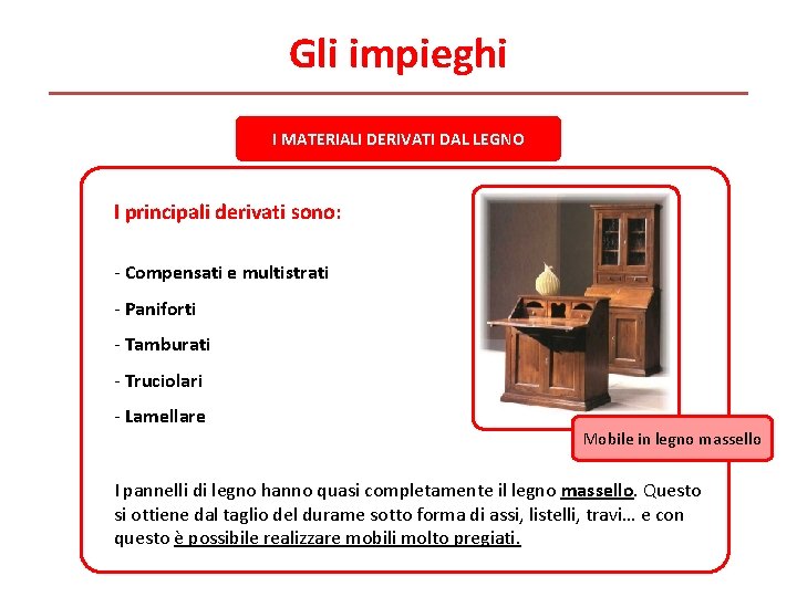 Gli impieghi I MATERIALI DERIVATI DAL LEGNO I principali derivati sono: - Compensati e Gli impieghi I MATERIALI DERIVATI DAL LEGNO I principali derivati sono: - Compensati e