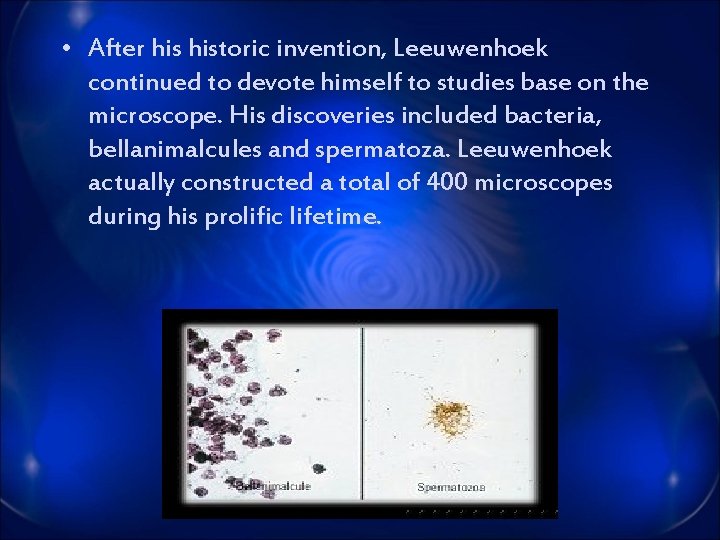  • After historic invention, Leeuwenhoek continued to devote himself to studies base on