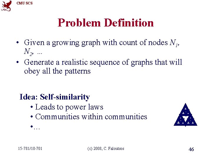 CMU SCS Problem Definition • Given a growing graph with count of nodes N