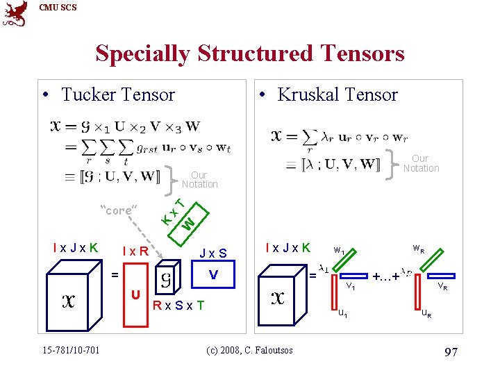 CMU SCS Specially Structured Tensors • Tucker Tensor • Kruskal Tensor Our Notation T