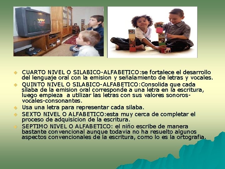 u u u CUARTO NIVEL O SILABICO-ALFABETICO: se fortalece el desarrollo del lenguaje oral u u u CUARTO NIVEL O SILABICO-ALFABETICO: se fortalece el desarrollo del lenguaje oral