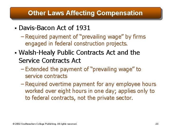Other Laws Affecting Compensation § Davis-Bacon Act of 1931 – Required payment of “prevailing