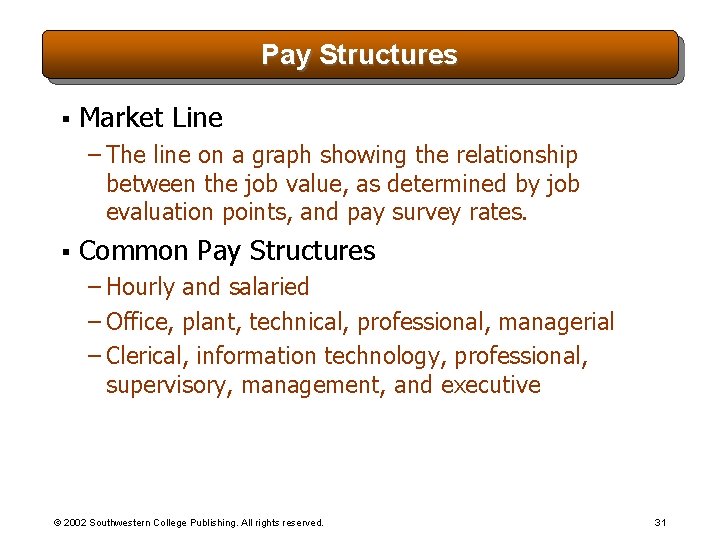 Pay Structures § Market Line – The line on a graph showing the relationship