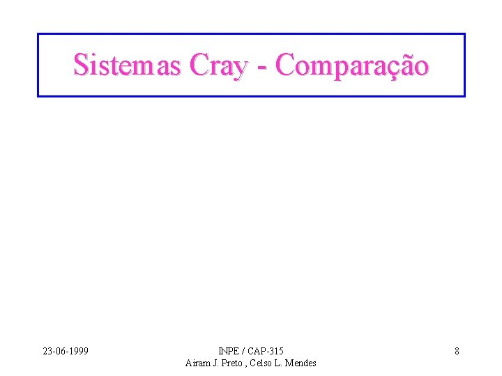 Sistemas Cray - Comparação 23 -06 -1999 INPE / CAP-315 Airam J. Preto ,