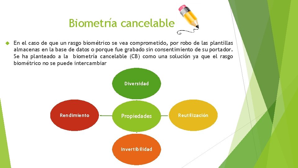 Biometría cancelable En el caso de que un rasgo biométrico se vea comprometido, por