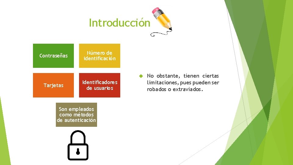 Introducción Contraseñas Número de identificación Tarjetas Identificadores de usuarios Son empleados como métodos de