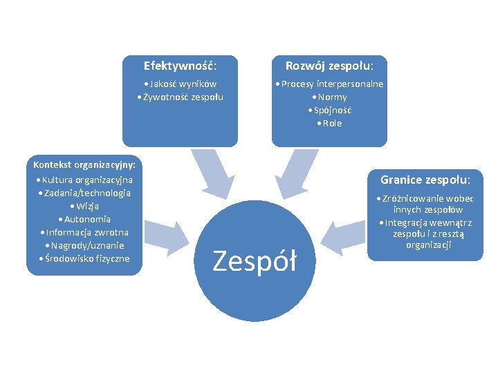 Kontekst organizacyjny: • Kultura organizacyjna • Zadania/technologia • Wizja • Autonomia • Informacja zwrotna